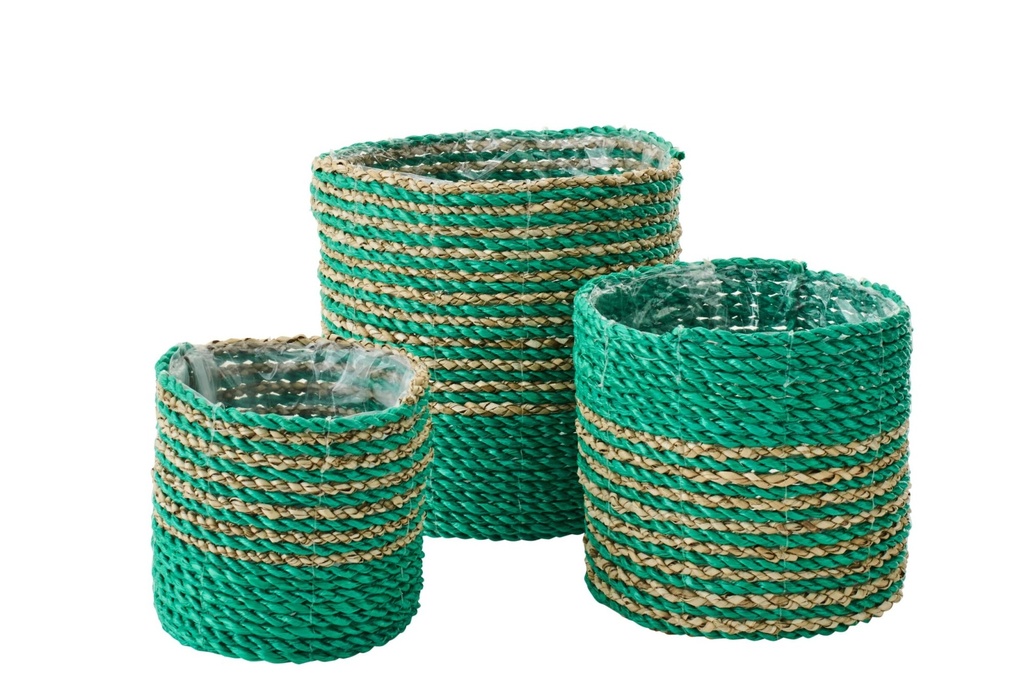 Set Of 3 Flowerpot Striped Raffia