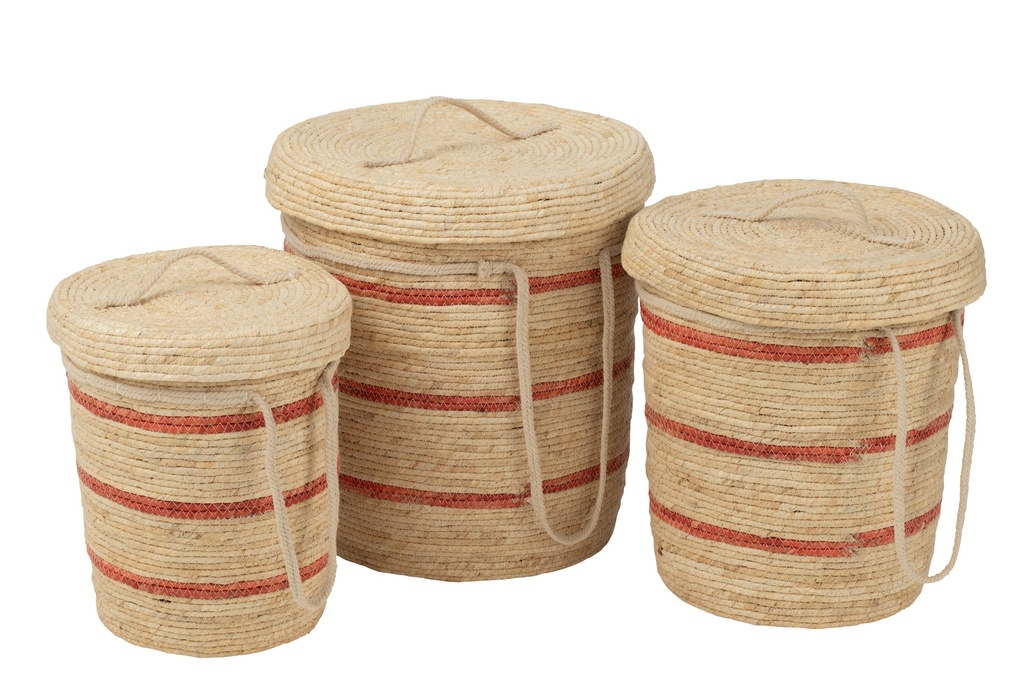 Set Of 3 Basket Stripes+Lid Corn