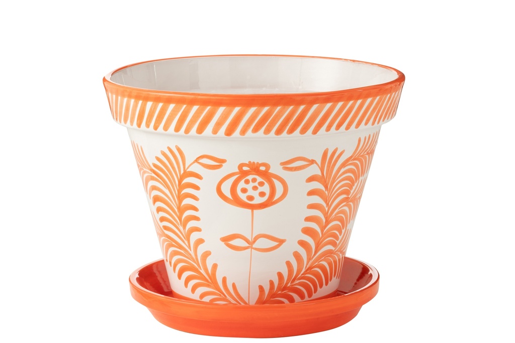 Flowerpot+Plate Granada Handmade/Handpainted Ceramic Orange/White