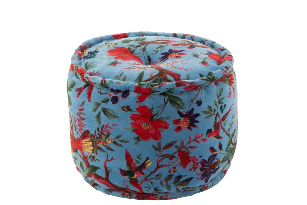 Pouf Rond Oiseaux/Fleurs Velours de Coton