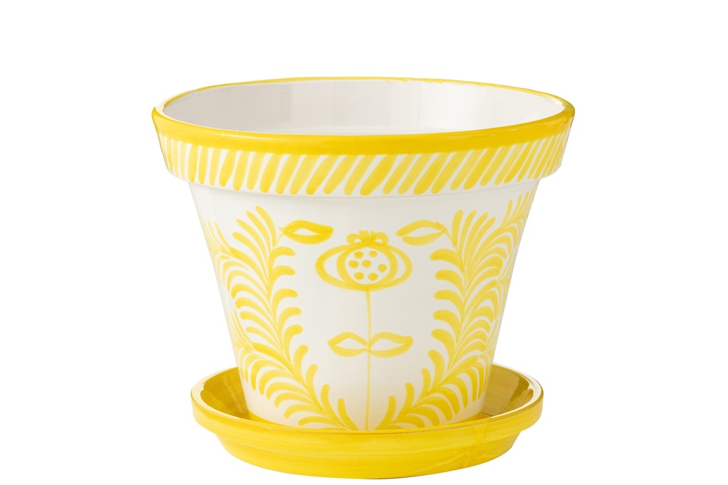 Pot de fleurs + assiette Granada fait main/peint à la main en céramique jaune/blanc