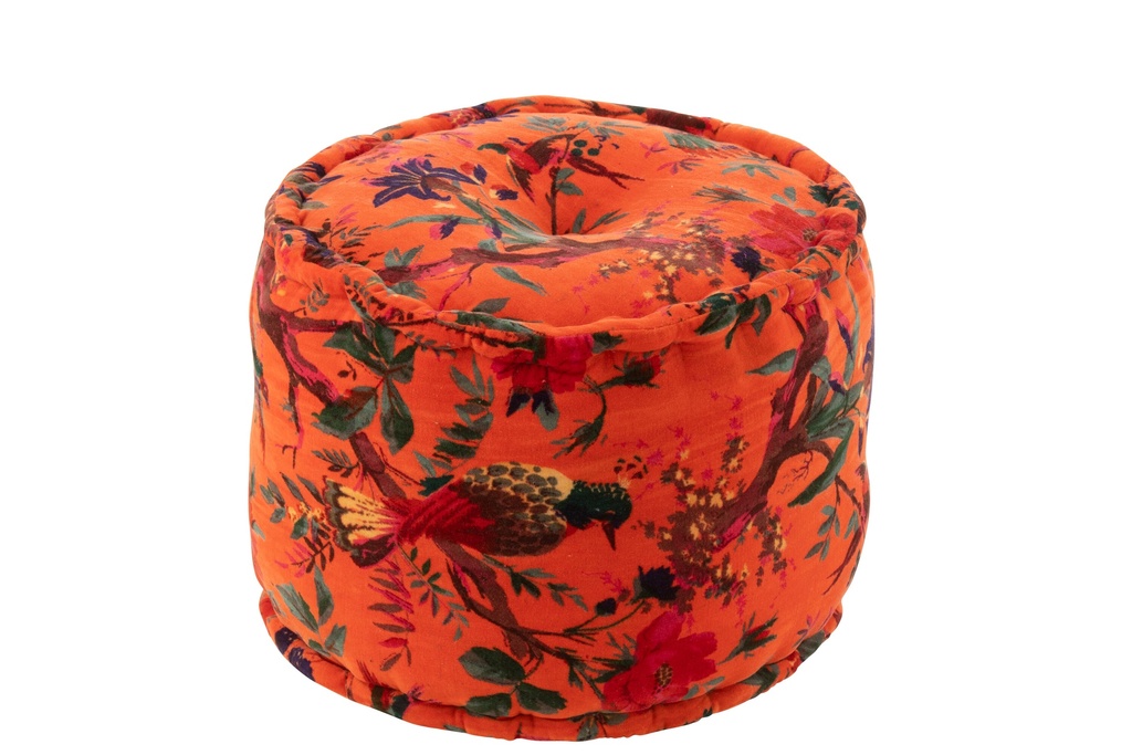 Pouf Rond Oiseaux/Fleurs Velours de Coton