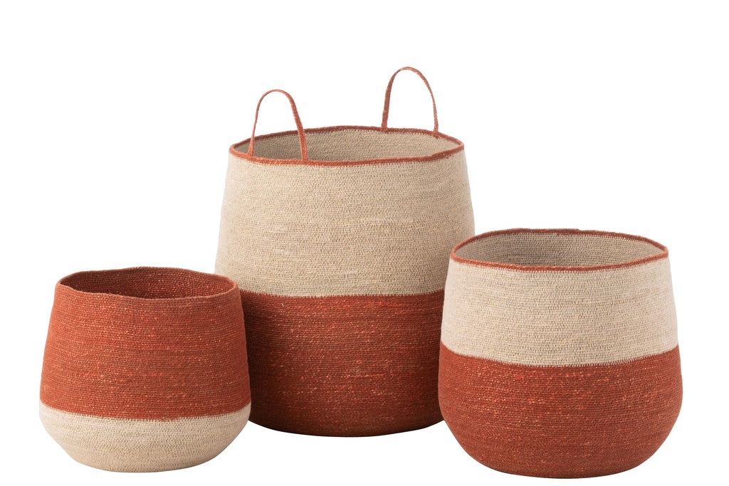 Lot de 3 paniers en jonc de mer naturel/terre cuite