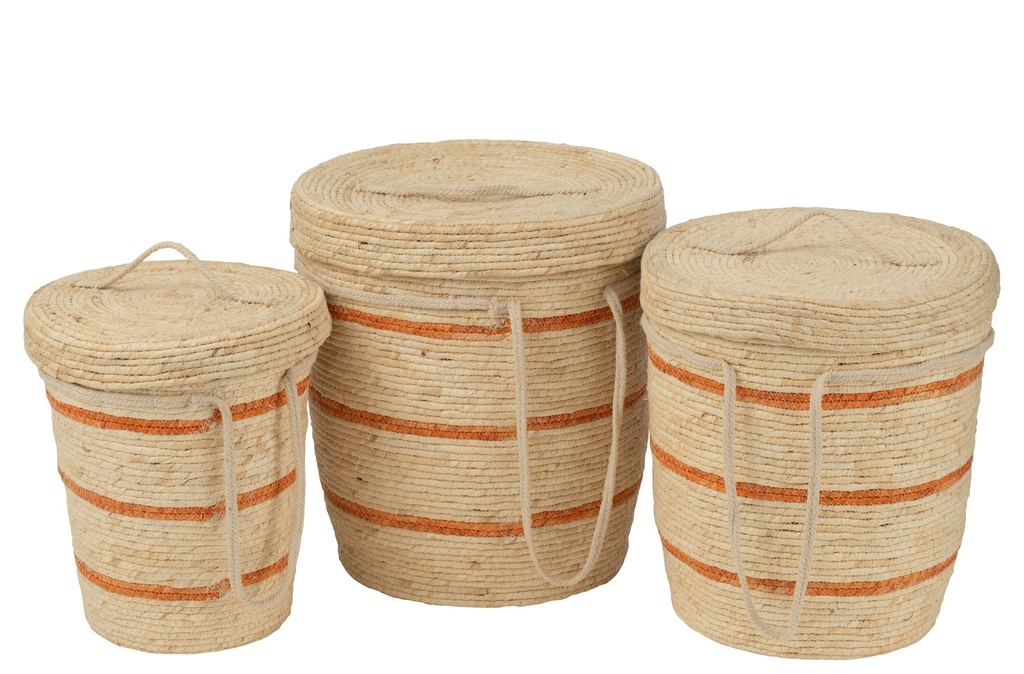 Set Of 3 Basket Stripes+Lid Corn