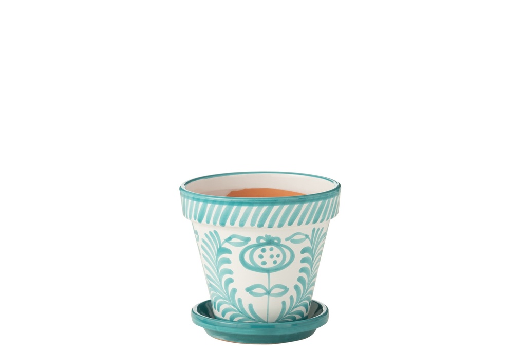 Flowerpot+Plate Granada Handmade/Handpainted Ceramic Aqua/White