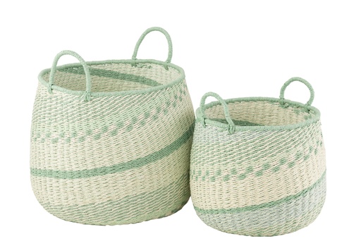 [20178] Set Of 2 Basket+Handles Seagrass Beige/Green